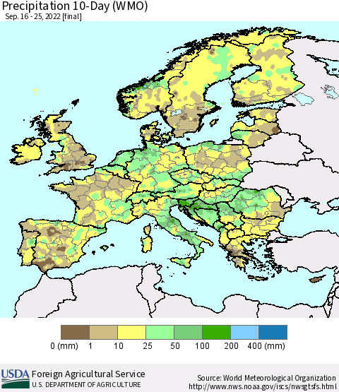 Europe Precipitation 10-Day (WMO) Thematic Map For 9/16/2022 - 9/25/2022