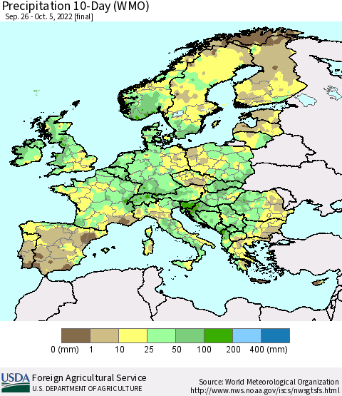 Europe Precipitation 10-Day (WMO) Thematic Map For 9/26/2022 - 10/5/2022