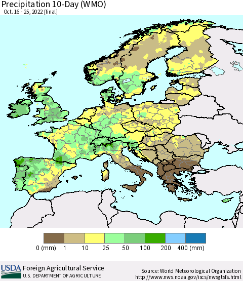 Europe Precipitation 10-Day (WMO) Thematic Map For 10/16/2022 - 10/25/2022