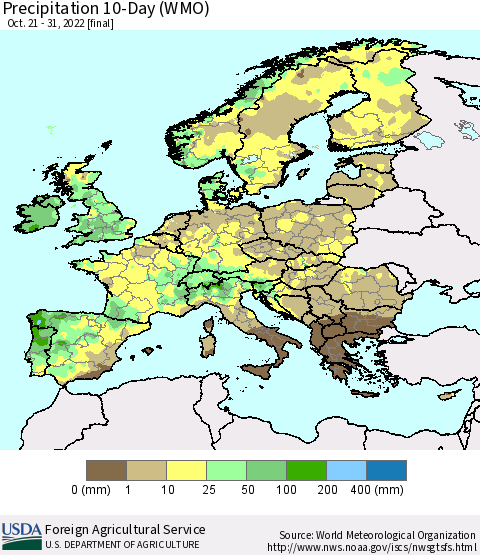 Europe Precipitation 10-Day (WMO) Thematic Map For 10/21/2022 - 10/31/2022