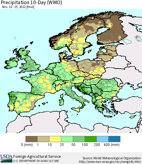 Europe Precipitation 10-Day (WMO) Thematic Map For 11/16/2022 - 11/25/2022