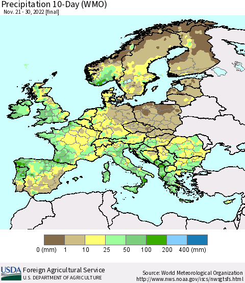Europe Precipitation 10-Day (WMO) Thematic Map For 11/21/2022 - 11/30/2022