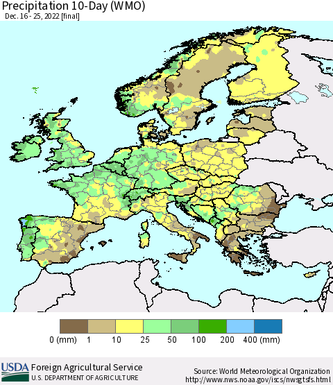 Europe Precipitation 10-Day (WMO) Thematic Map For 12/16/2022 - 12/25/2022