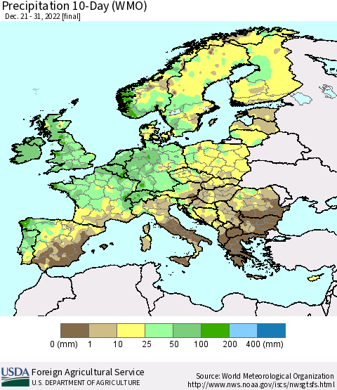 Europe Precipitation 10-Day (WMO) Thematic Map For 12/21/2022 - 12/31/2022