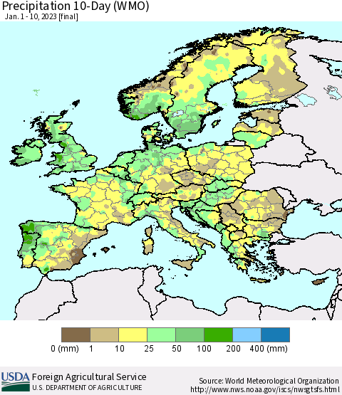 Europe Precipitation 10-Day (WMO) Thematic Map For 1/1/2023 - 1/10/2023