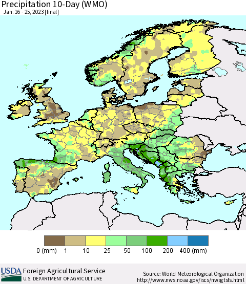 Europe Precipitation 10-Day (WMO) Thematic Map For 1/16/2023 - 1/25/2023