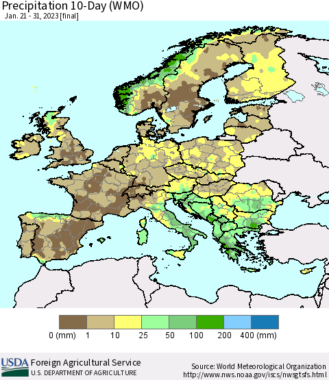 Europe Precipitation 10-Day (WMO) Thematic Map For 1/21/2023 - 1/31/2023
