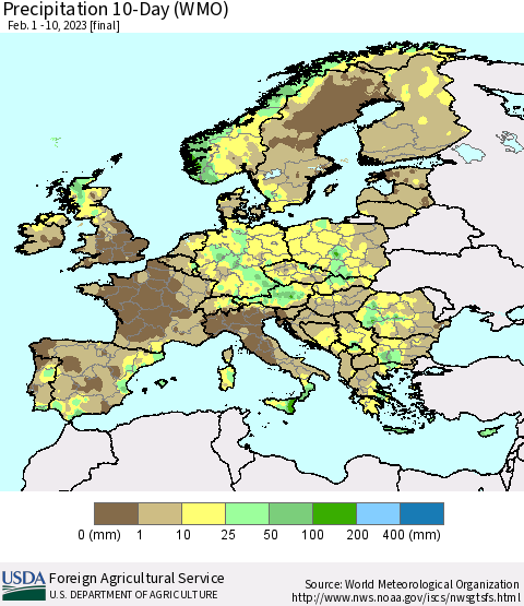 Europe Precipitation 10-Day (WMO) Thematic Map For 2/1/2023 - 2/10/2023