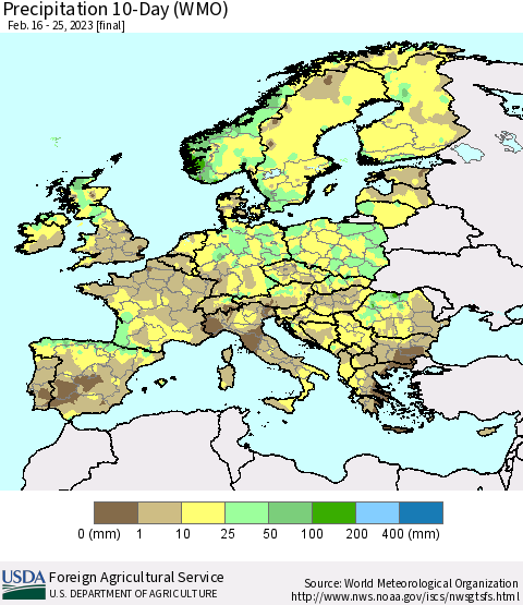 Europe Precipitation 10-Day (WMO) Thematic Map For 2/16/2023 - 2/25/2023