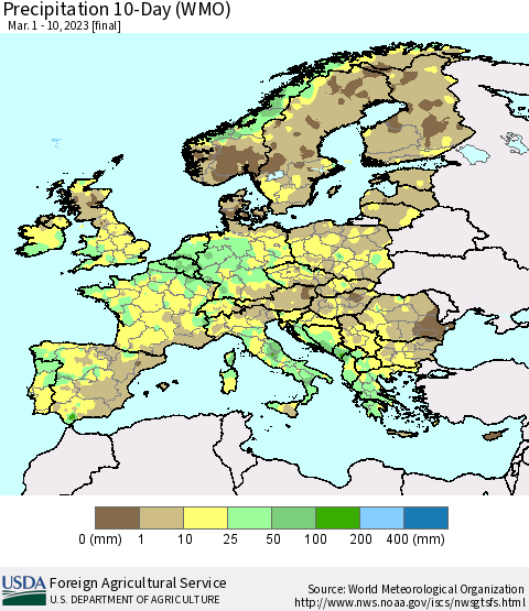 Europe Precipitation 10-Day (WMO) Thematic Map For 3/1/2023 - 3/10/2023