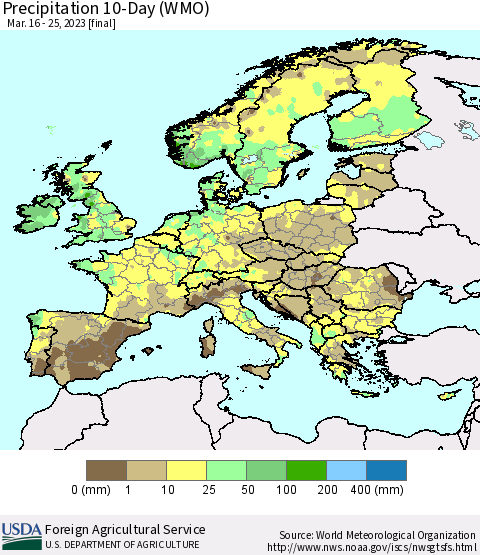 Europe Precipitation 10-Day (WMO) Thematic Map For 3/16/2023 - 3/25/2023