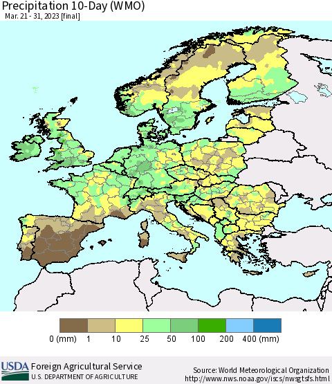 Europe Precipitation 10-Day (WMO) Thematic Map For 3/21/2023 - 3/31/2023