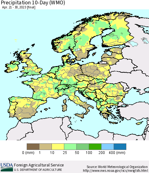 Europe Precipitation 10-Day (WMO) Thematic Map For 4/21/2023 - 4/30/2023