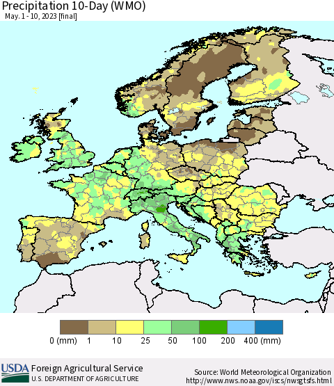 Europe Precipitation 10-Day (WMO) Thematic Map For 5/1/2023 - 5/10/2023