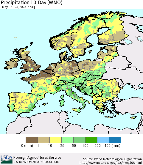 Europe Precipitation 10-Day (WMO) Thematic Map For 5/16/2023 - 5/25/2023