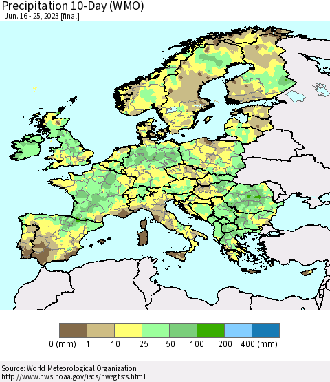 Europe Precipitation 10-Day (WMO) Thematic Map For 6/16/2023 - 6/25/2023