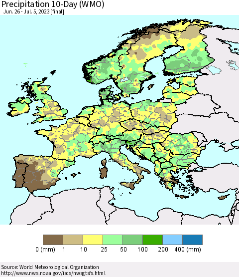 Europe Precipitation 10-Day (WMO) Thematic Map For 6/26/2023 - 7/5/2023