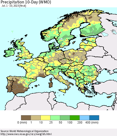 Europe Precipitation 10-Day (WMO) Thematic Map For 7/1/2023 - 7/10/2023