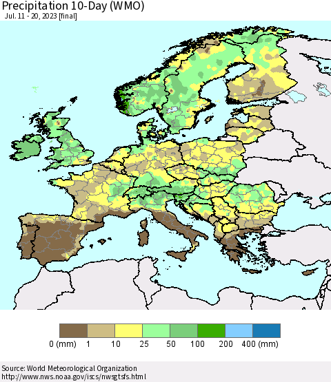 Europe Precipitation 10-Day (WMO) Thematic Map For 7/11/2023 - 7/20/2023