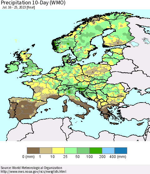 Europe Precipitation 10-Day (WMO) Thematic Map For 7/16/2023 - 7/25/2023