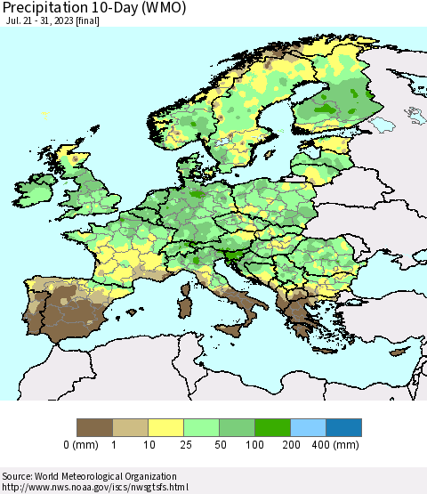 Europe Precipitation 10-Day (WMO) Thematic Map For 7/21/2023 - 7/31/2023