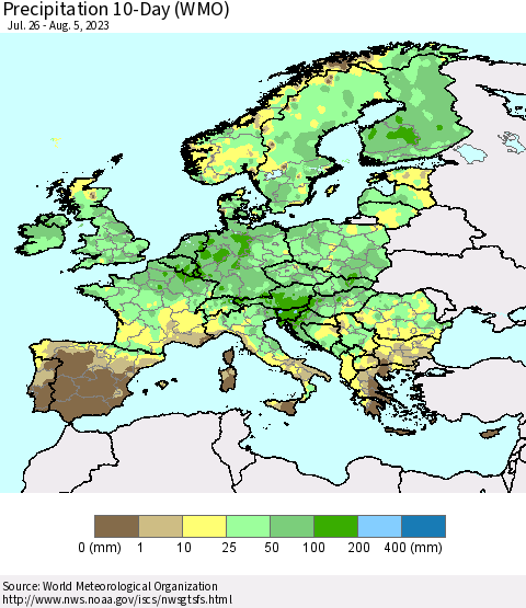 Europe Precipitation 10-Day (WMO) Thematic Map For 7/26/2023 - 8/5/2023
