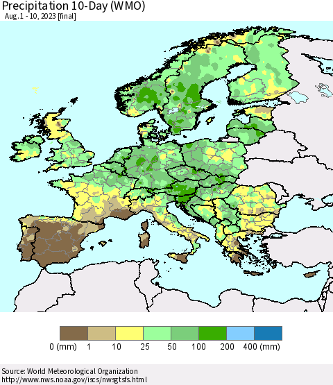 Europe Precipitation 10-Day (WMO) Thematic Map For 8/1/2023 - 8/10/2023