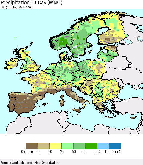 Europe Precipitation 10-Day (WMO) Thematic Map For 8/6/2023 - 8/15/2023