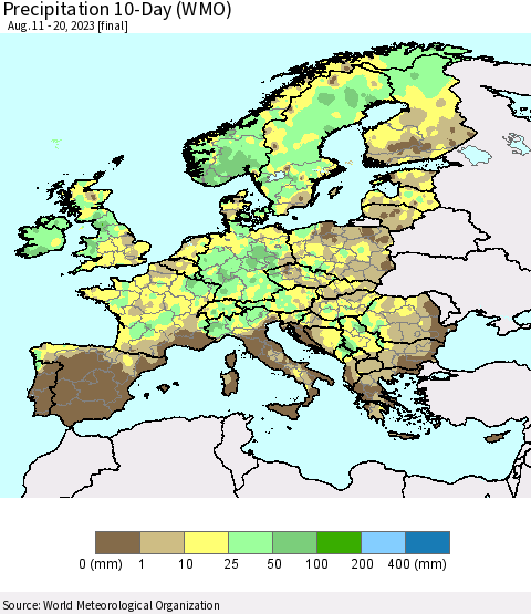 Europe Precipitation 10-Day (WMO) Thematic Map For 8/11/2023 - 8/20/2023