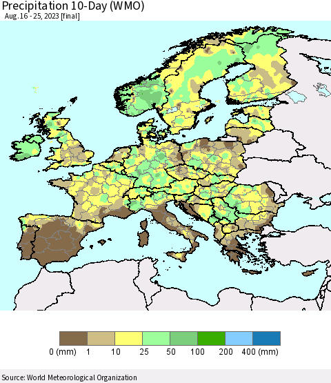 Europe Precipitation 10-Day (WMO) Thematic Map For 8/16/2023 - 8/25/2023