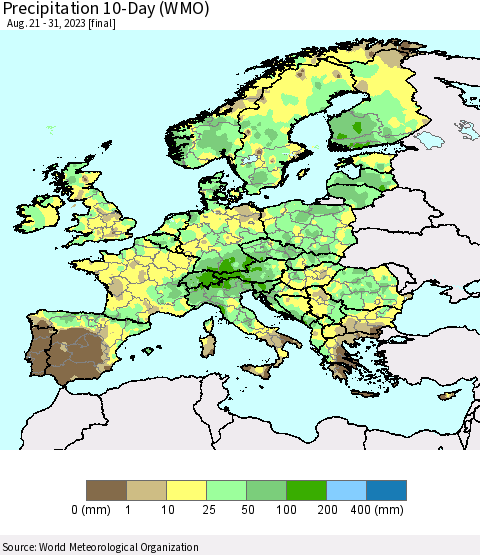 Europe Precipitation 10-Day (WMO) Thematic Map For 8/21/2023 - 8/31/2023