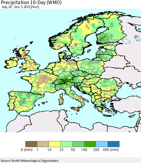 Europe Precipitation 10-Day (WMO) Thematic Map For 8/26/2023 - 9/5/2023