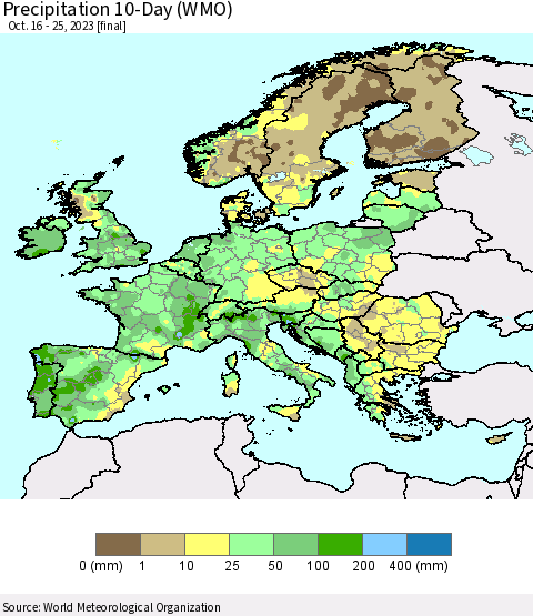 Europe Precipitation 10-Day (WMO) Thematic Map For 10/16/2023 - 10/25/2023