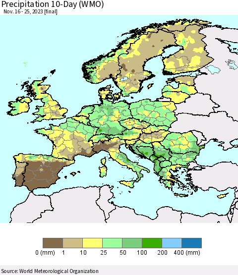 Europe Precipitation 10-Day (WMO) Thematic Map For 11/16/2023 - 11/25/2023