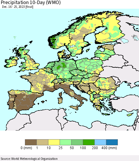 Europe Precipitation 10-Day (WMO) Thematic Map For 12/16/2023 - 12/25/2023