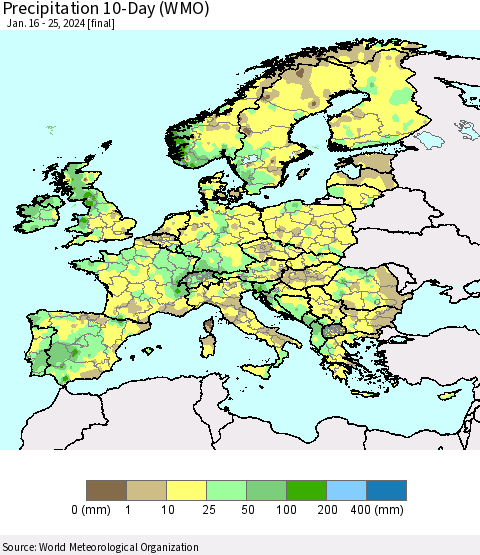 Europe Precipitation 10-Day (WMO) Thematic Map For 1/16/2024 - 1/25/2024