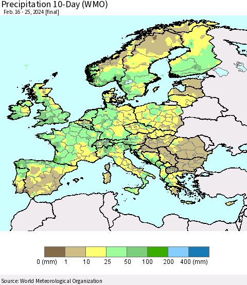 Europe Precipitation 10-Day (WMO) Thematic Map For 2/16/2024 - 2/25/2024