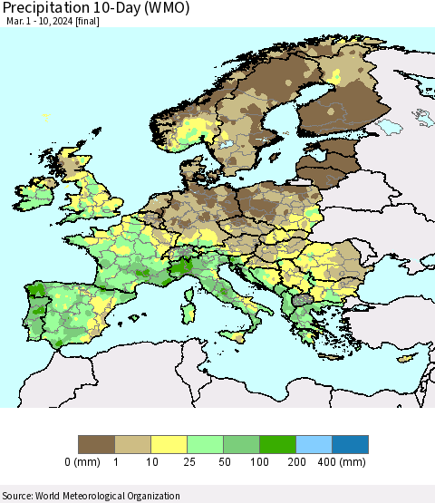 Europe Precipitation 10-Day (WMO) Thematic Map For 3/1/2024 - 3/10/2024