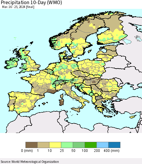 Europe Precipitation 10-Day (WMO) Thematic Map For 3/16/2024 - 3/25/2024