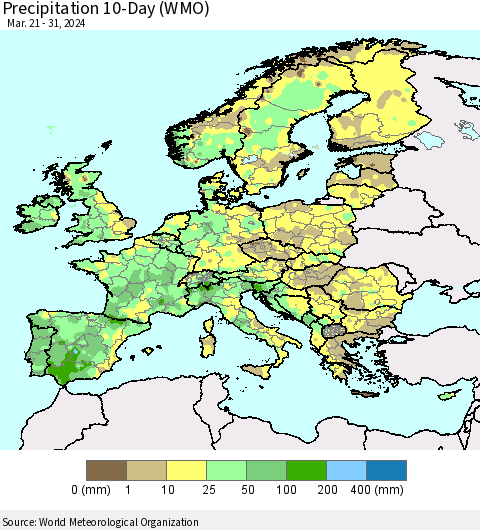 Europe Precipitation 10-Day (WMO) Thematic Map For 3/21/2024 - 3/31/2024