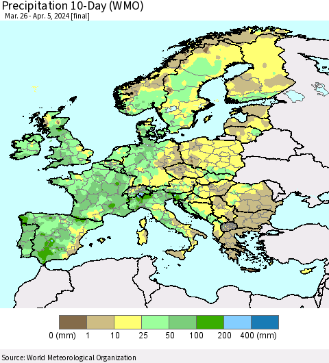 Europe Precipitation 10-Day (WMO) Thematic Map For 3/26/2024 - 4/5/2024