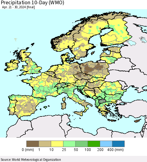 Europe Precipitation 10-Day (WMO) Thematic Map For 4/21/2024 - 4/30/2024