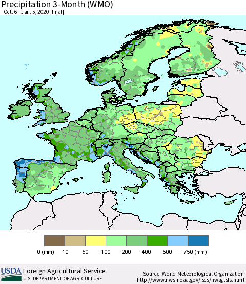 Europe Precipitation 3-Month (WMO) Thematic Map For 10/6/2019 - 1/5/2020
