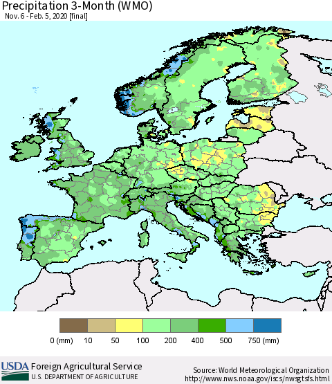 Europe Precipitation 3-Month (WMO) Thematic Map For 11/6/2019 - 2/5/2020
