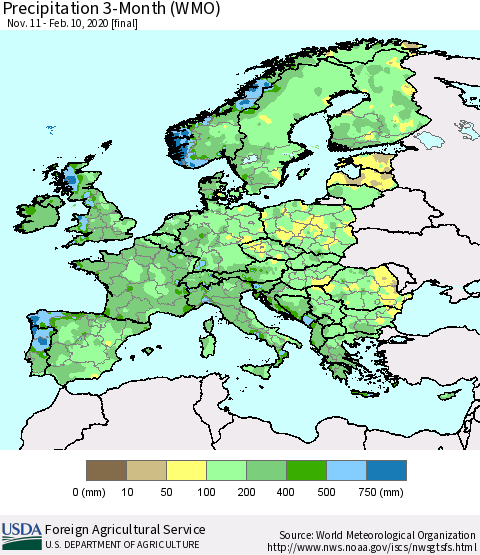 Europe Precipitation 3-Month (WMO) Thematic Map For 11/11/2019 - 2/10/2020