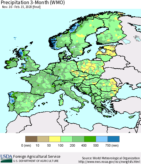 Europe Precipitation 3-Month (WMO) Thematic Map For 11/16/2019 - 2/15/2020