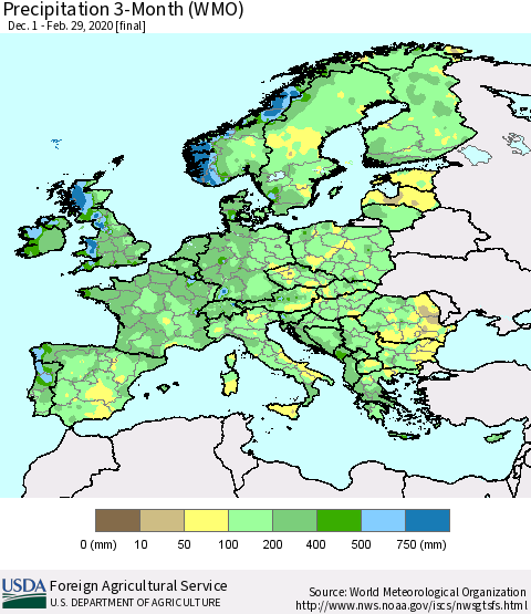 Europe Precipitation 3-Month (WMO) Thematic Map For 12/1/2019 - 2/29/2020