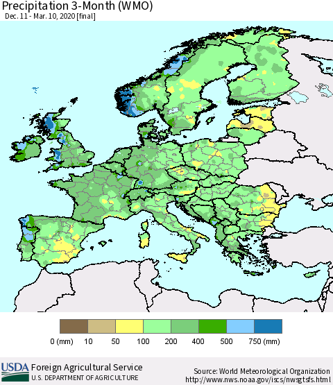 Europe Precipitation 3-Month (WMO) Thematic Map For 12/11/2019 - 3/10/2020
