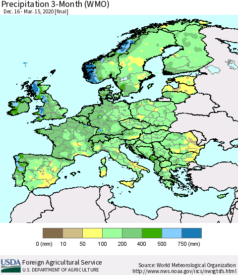 Europe Precipitation 3-Month (WMO) Thematic Map For 12/16/2019 - 3/15/2020