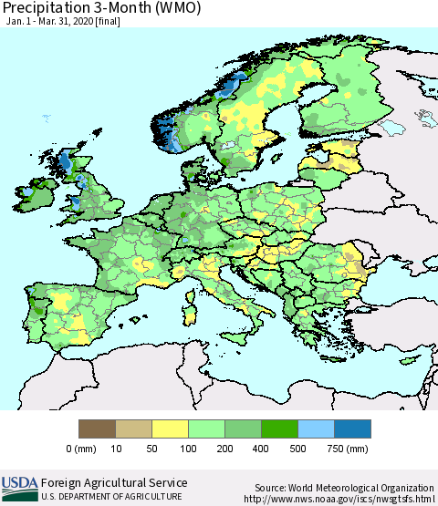 Europe Precipitation 3-Month (WMO) Thematic Map For 1/1/2020 - 3/31/2020